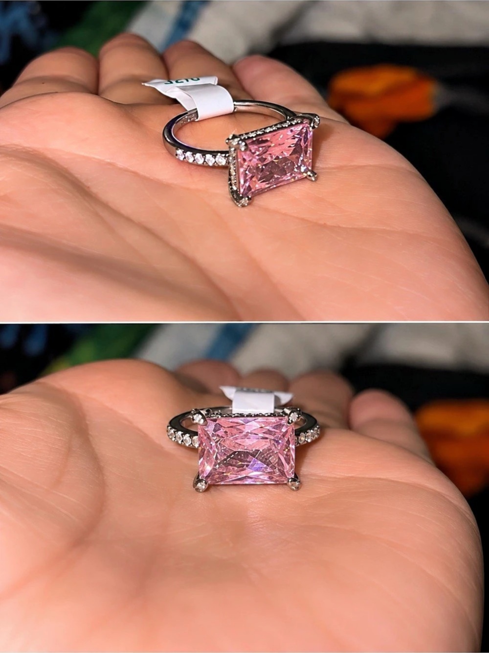 Bomb Party Pink Radiant Cut Pave Halo Cocktail Ring Rhodium Plated